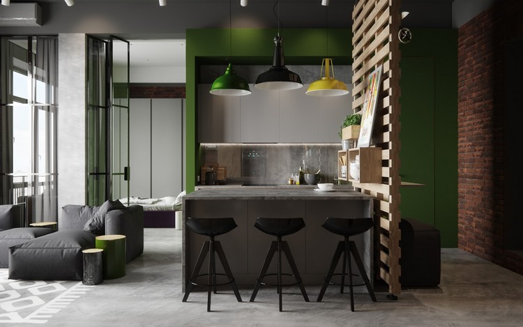 cuisine-avec-verriere-interieure-loft-ambiance-table-bar-beton-peinture-verte