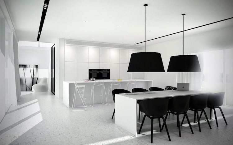 cuisine-blanc-et-noir-minimaliste-moderne-placards-sans-poignee-coin-repas-chaises-noires