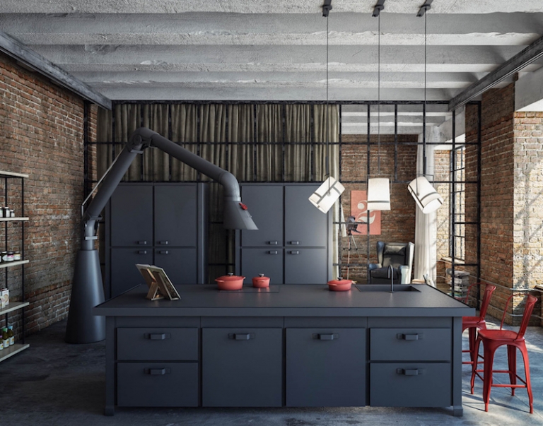 cuisine-style-loft-industriel-meubles-noir-mat-chaises-rouges