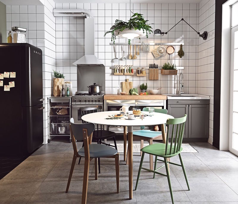 decoration-scandinave-noir-blanc-cuisine-coin-repas-meubles-vintage
