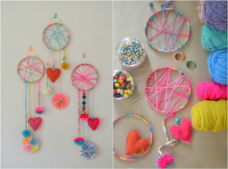fabriquer-un-attrape-reve-projet-diy-enfants-dream-catcher-laine-couleurs-vives-perles-decoratives