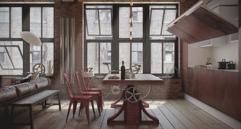 loft-design-kitchenette-integree-chaises-industrielles-tolix-a-classiques