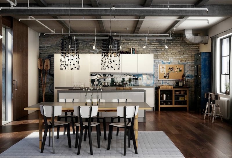 loft-industriel-cuisine-ouverte-salle-manger-chaises-blanc-noir