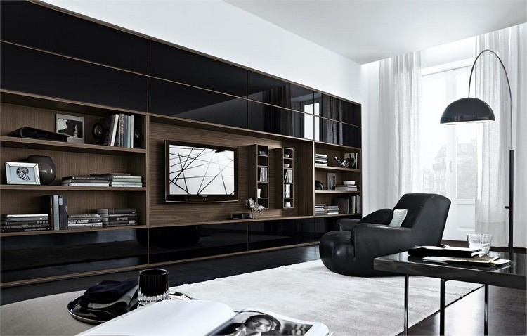 meuble-tv-bibliotheque-bois-massif-fauteuil-noir-tapis-design-lampadaire-metallique