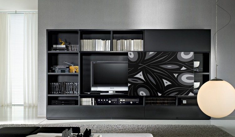 meuble-tv-bibliothèque-noir-peinture-grise-suspension-boule-tapis