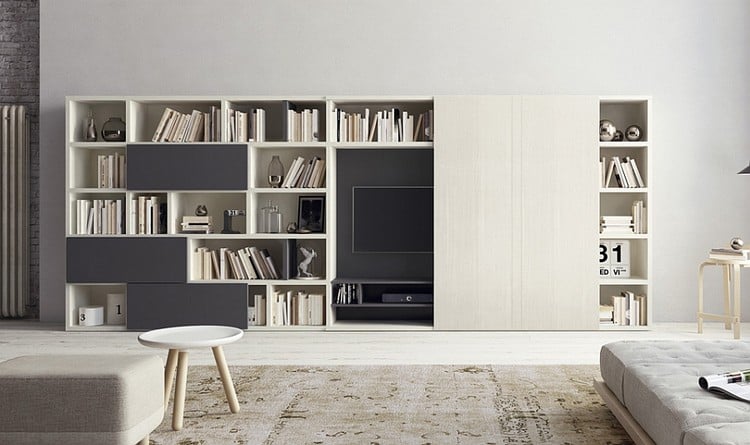 meuble-tv-bibliotheque-salon-moderne-tabouret-bois