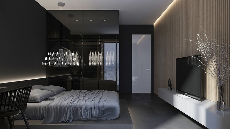 peinture-noir-mat-chandeliers-modernes-chambre-parement-bois