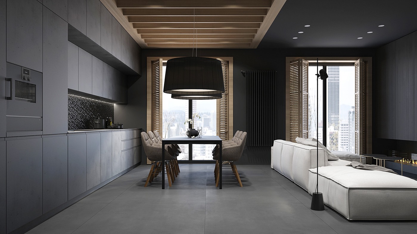 peinture noir mat cuisine%C3%A8 design plafond bois sol b%C3%A9ton cir%C3%A9