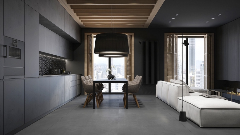 peinture-noir-mat-cuisinee-design-plafond-bois-sol-beton-cire