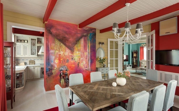 plafond-poutre-apparente-rouge-tableau-abstrait-table-bois