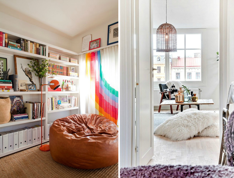 pouf géant en cuir marron et coussins de sol à poil long pour décorer le salon pouf-geant-cuir-marron-coussins-sol-poil-long-salon-contemporain