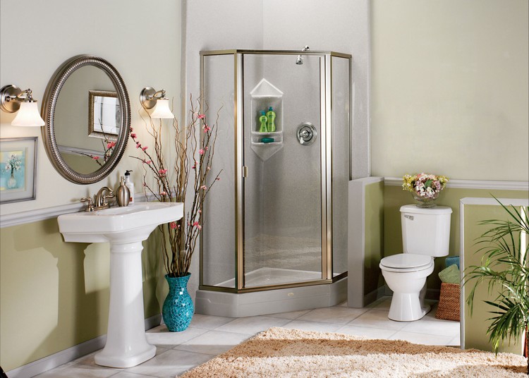 relooker-salle-bain-peinture-verte-tapis-beige-plante-verte-miroir-rond