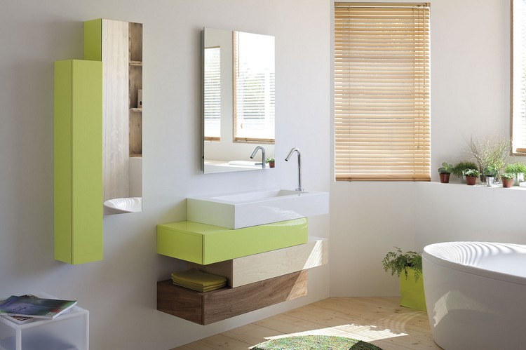 relooker sa salle de bain vasque-poser-meuble-colonne-vert-bois