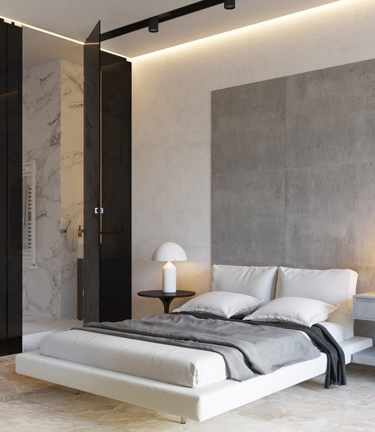 amenagement-petit-appartement-chambre-coucher-blanc-neige-literie-grise-parement-beton