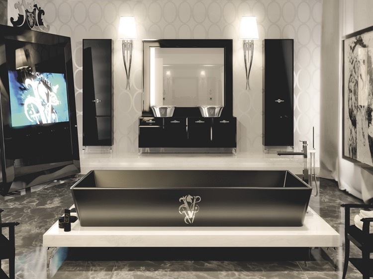 baignoire-ilot-noire-luxe-papier-peint-blanc-motif-ovale-marienbad-black-vision-home