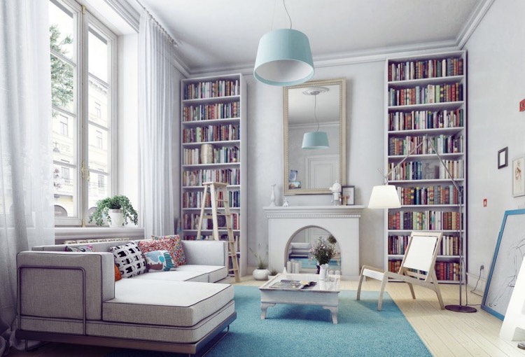 bibliotheque-moderne-double-cheminee-decorative-grand-miroir-tapis-bleu-serenity