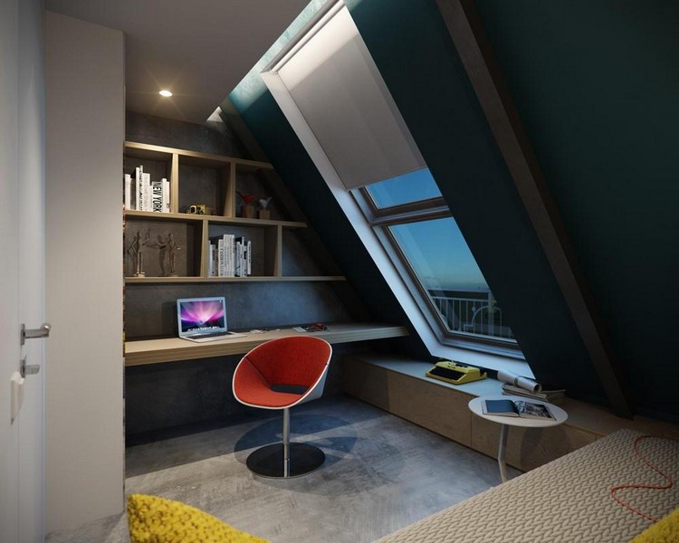 bureau-suspendu-piece-sous-comble-chaise-design-sol-beton