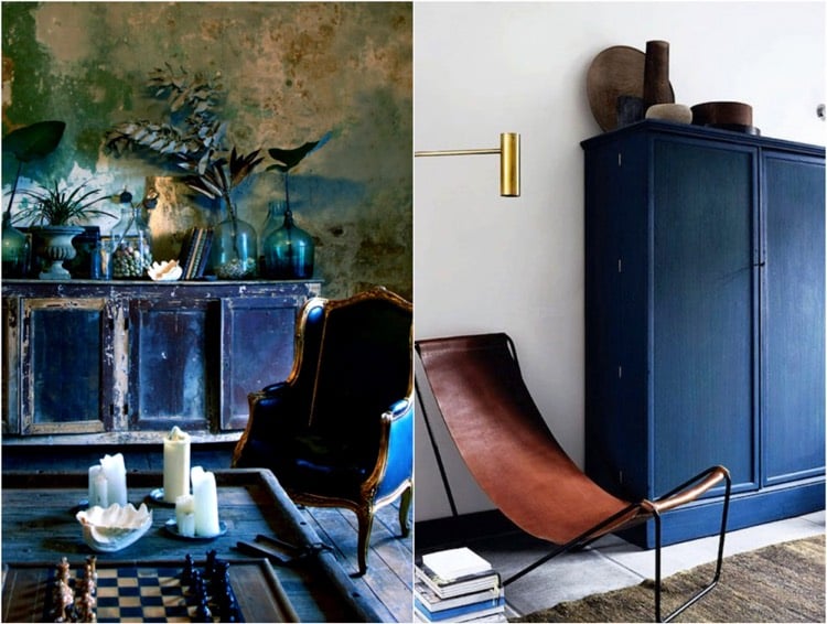 couleur-indigo-meuble-rangement-commode-antique-bleu-indigo-chaise-cuir-design