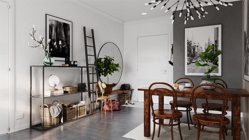 déco scandinave cosy-gris-blanc-bois-fonce-appartement-studio-ouvert
