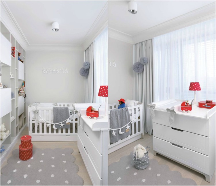 decoration-chambre-bebe-grise-meubles-blancs-tapis-gris-accents-rouges