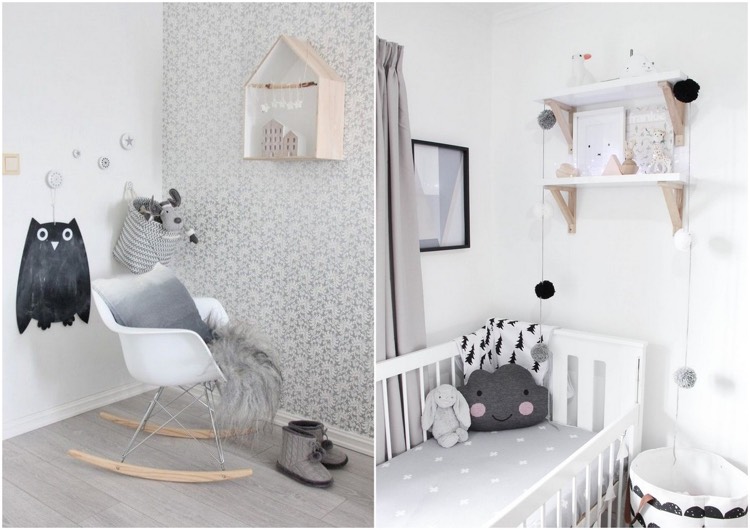 decoration-chambre-bebe-papier-peint-gris-motif-floral-etagere-desing-scandinave