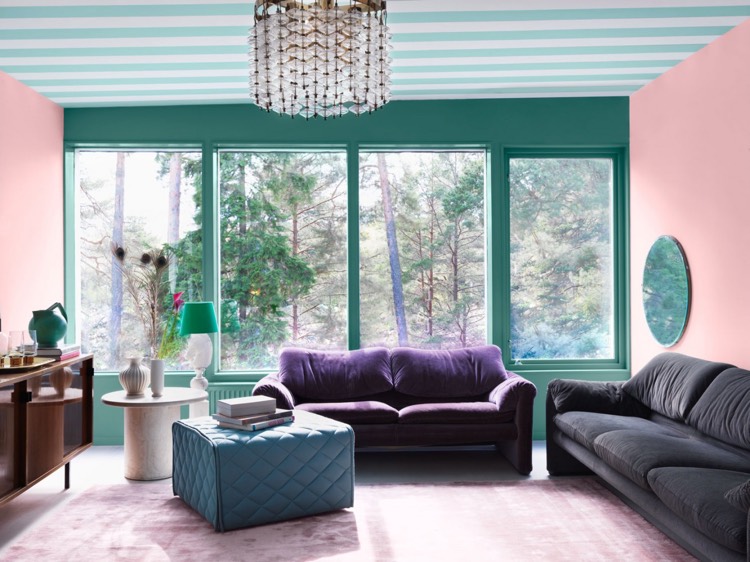 idee-deco-peinture-interieur-maison-deux-couleurs-rose-vert-bouteille-deco-plafond