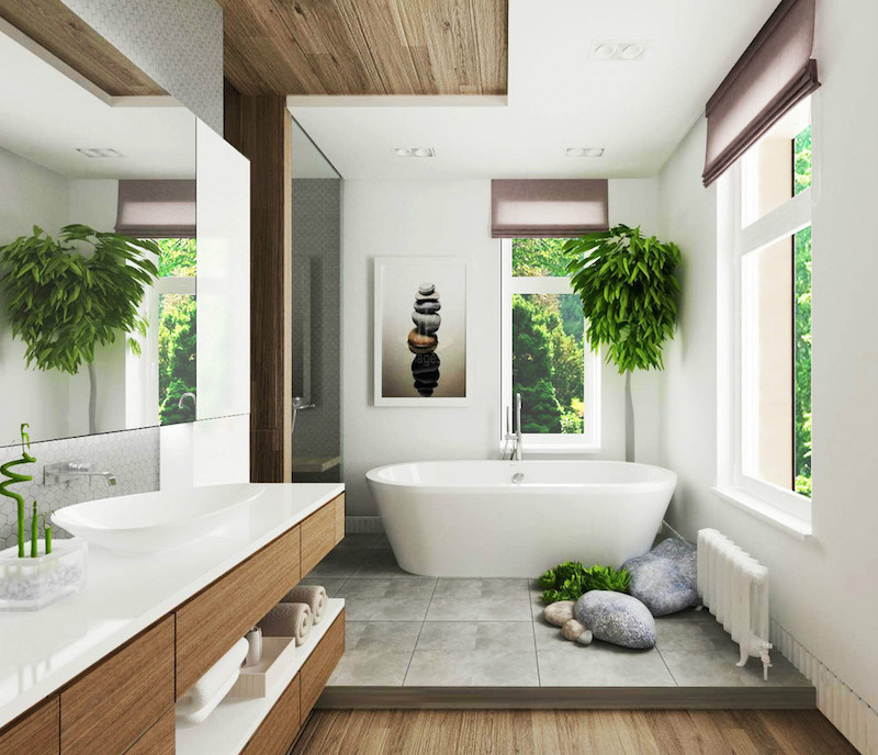idee-deco-salle-bain-bois-blanc-gris-style-japonais-plantes-vertes-galets