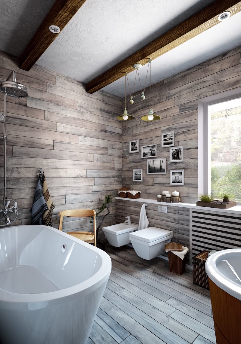idée déco salle de bain bois gris plancher-revetement-mural-solives