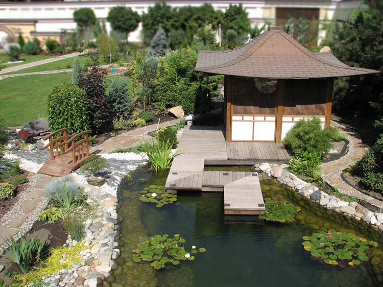 jardins japonais bassin-aquatique-plantes-abri-bois