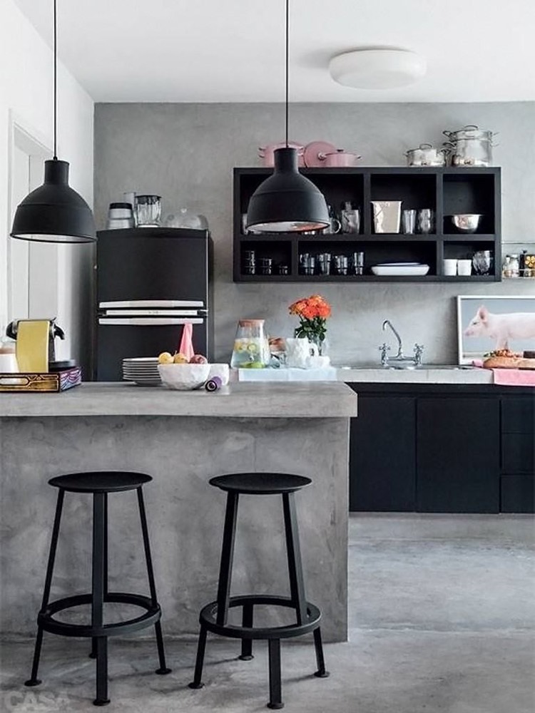 quelle-couleur-de-mur-pour-une-cuisine-peinture-effet-beton-cire-armoires-cuisine-noires