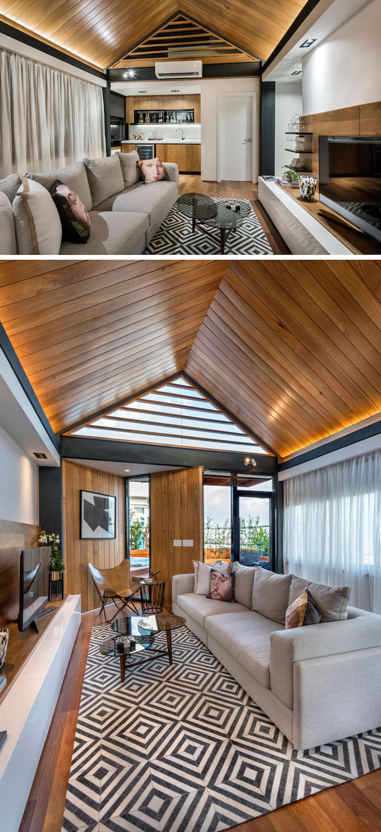 toit-terrasse-bois-amenager-espace-vie-plafond-bois-canape-gris-tapis-noir-blanc