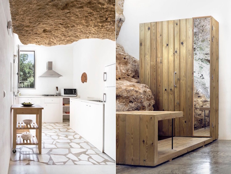architecture organique-maison-grotte-cuisine-blanche-desserte-roches