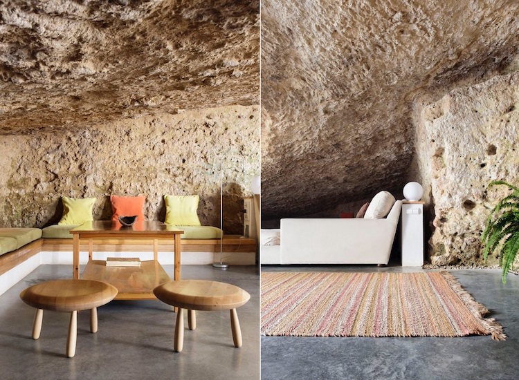 architecture organique-maison-grotte-moderne-authentique-mobilier-bois-tapis-tissé