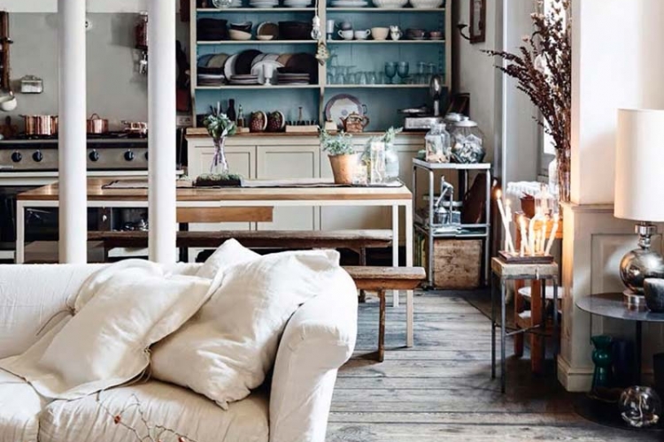 cuisine-ouverte-salon-style-rustique-chic-idées-décoration-originale