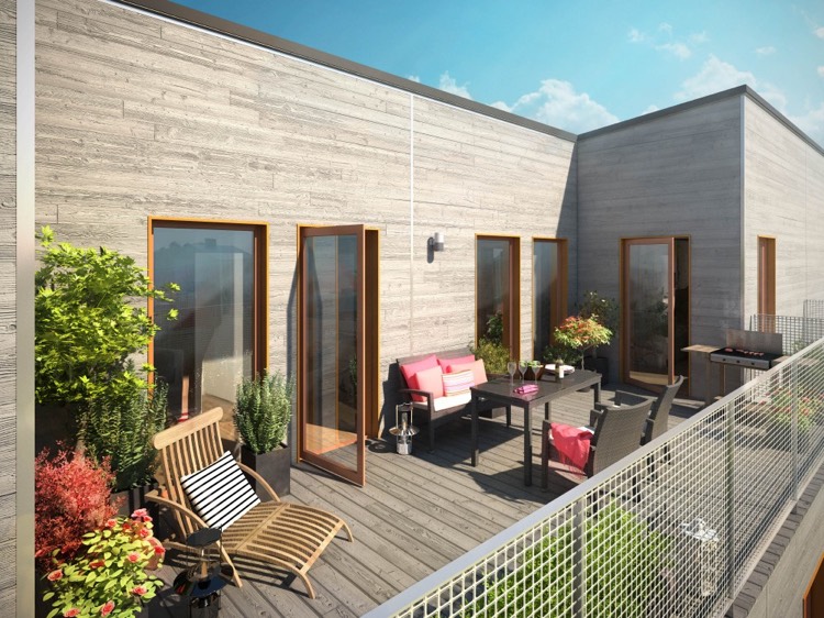 terrasse d'appartement en bois assortie avec le bardage en bois extérieur deco terrasse appartement-bardage-bois-extérieur-coussins-roses-plantes-pots