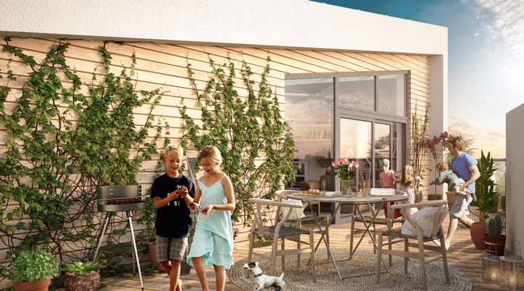 bardage en bois extérieur mis en valeur par les plantes grimpantes deco terrasse appartement-bardage-bois-extérieur-plantes-grimpantes-tapis-extérieur-rond