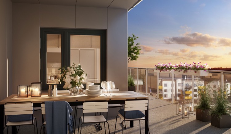 toiture terrasse transformée en salle à manger extérieure avec une belle déco florale deco terrasse appartement-coin-repas-plein-air-déco-pétunias-lanternes