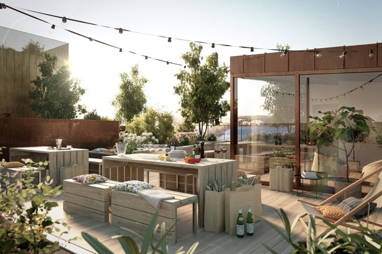 mobilier de jardin en bois et guirlande lumineuse pour aménager un toit-terrasse contemporain deco terrasse appartement-mobilier-jardin-bois-déco-arbres