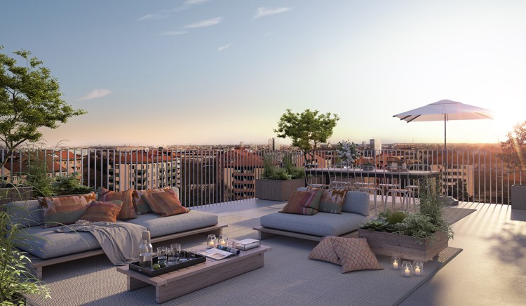 salon de jardin en bois et gris de design minimaliste, tapis extérieur gris et coussins orange deco terrasse appartement-mobilier-minimaliste-bois-gris-coussins-extérieur