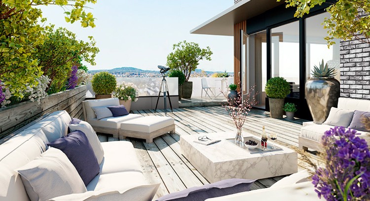 deco terrasse appartement-revêtement-terrasse-bois-table-basse-pierre-végétation-luxuriante
