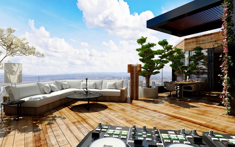 revêtement terrasse en bois et déco en bonsaïs en jardinières de béton deco terrasse appartement-revêtement-bois-canapé-bois-bonsais-jardinières-béton