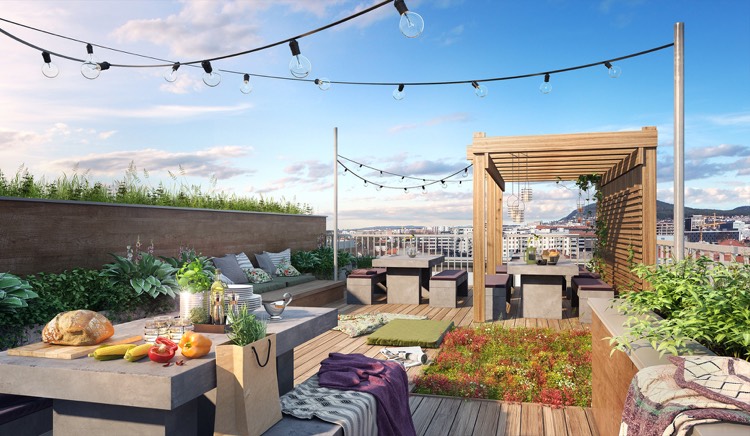 aménagement de toit-terrasse avec pergola en bois et mobilier en béton deco terrasse appartement-table-béton-pergola-bois-petit-jardin-guirlandes-ampoules