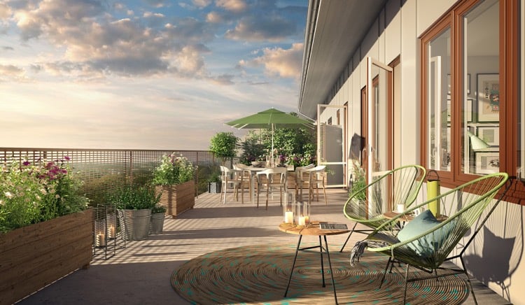 deco terrasse appartement-tapis-extérieur-rond-fauteuil-acapulco-jardinières-bois
