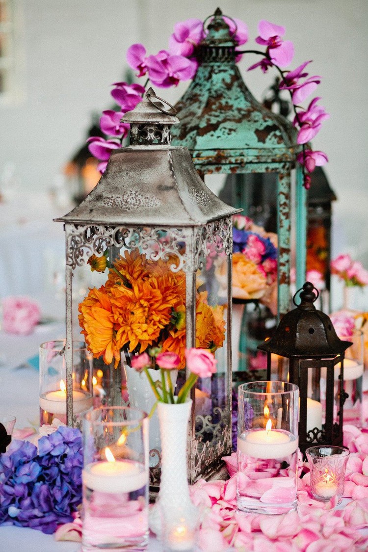 déco-mariage-bohème-chic-lanternes-usé-vintage-métal-fleurs