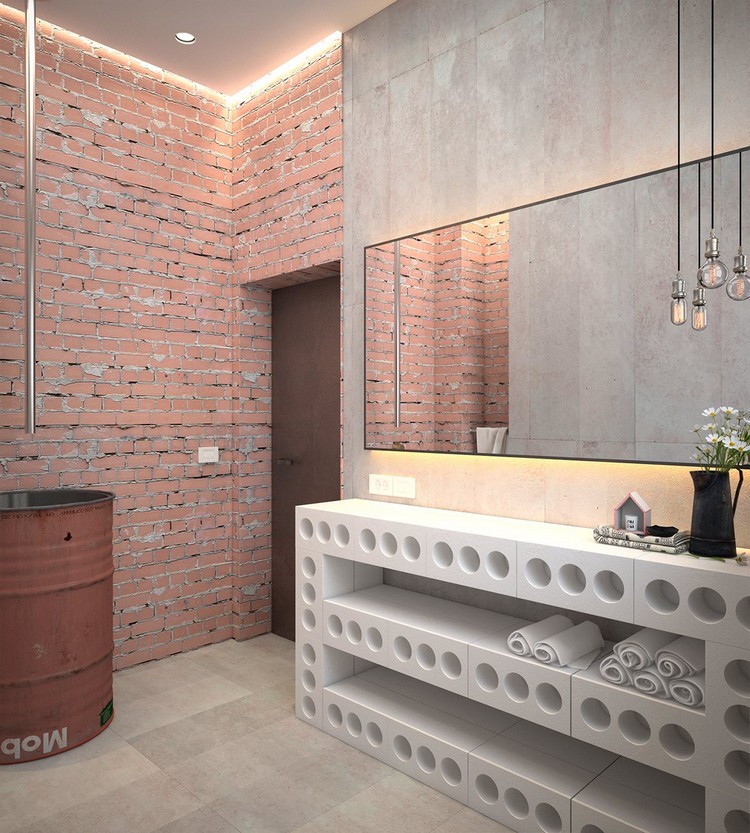 décoration-industrielle-parement-brique-béton-salle-bain