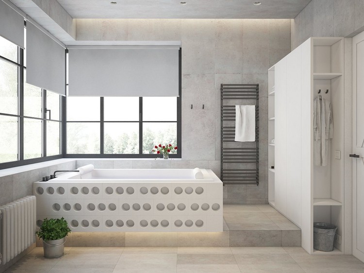 décoration-industrielle-salle-bain-carrelage-gris-baignoire-encastrée-porte-serviettes