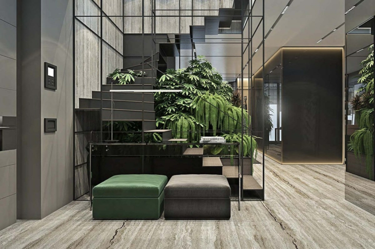 escalier-intérieur-gris-plantes-vertes-intérieur-tabourets-gris-vert