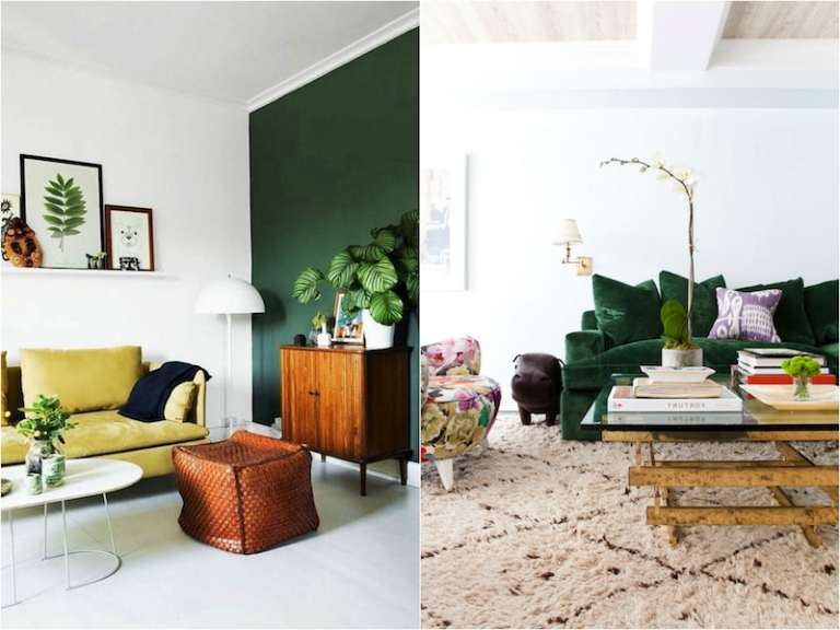 idee-decoration-peinture-salon-meubles-vert-bouteille-bois-massif-cosy-blanc