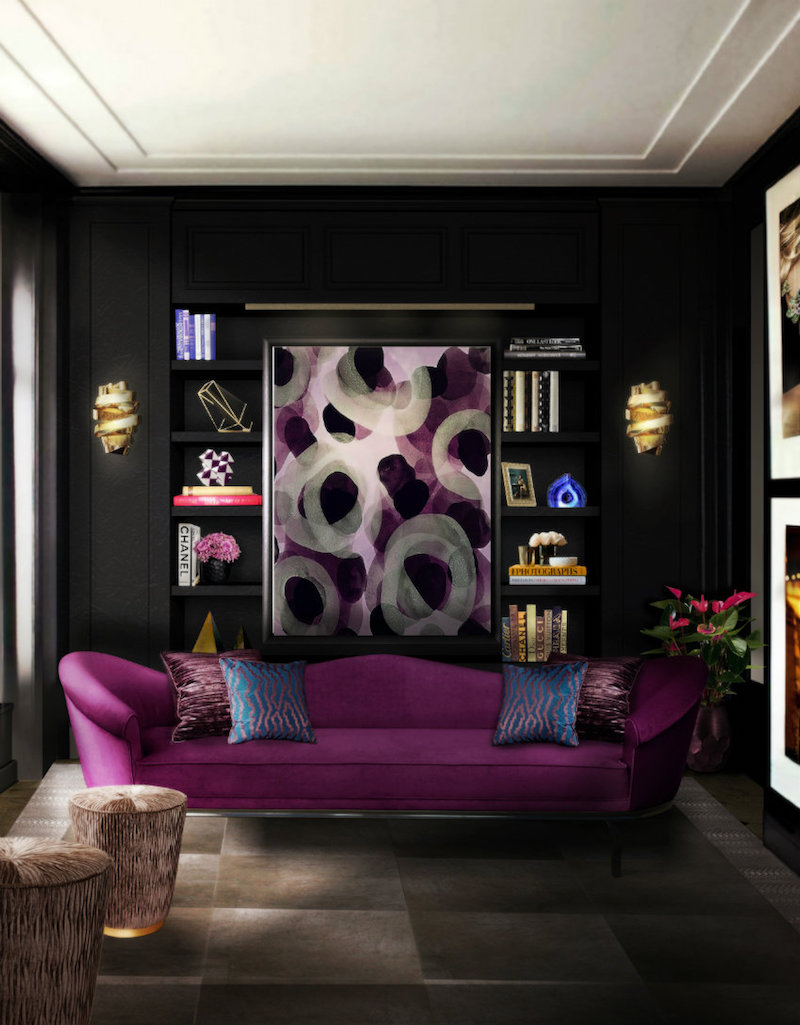 idee-decoration-peinture-salon-noire-canape-violer-objets-lumineux