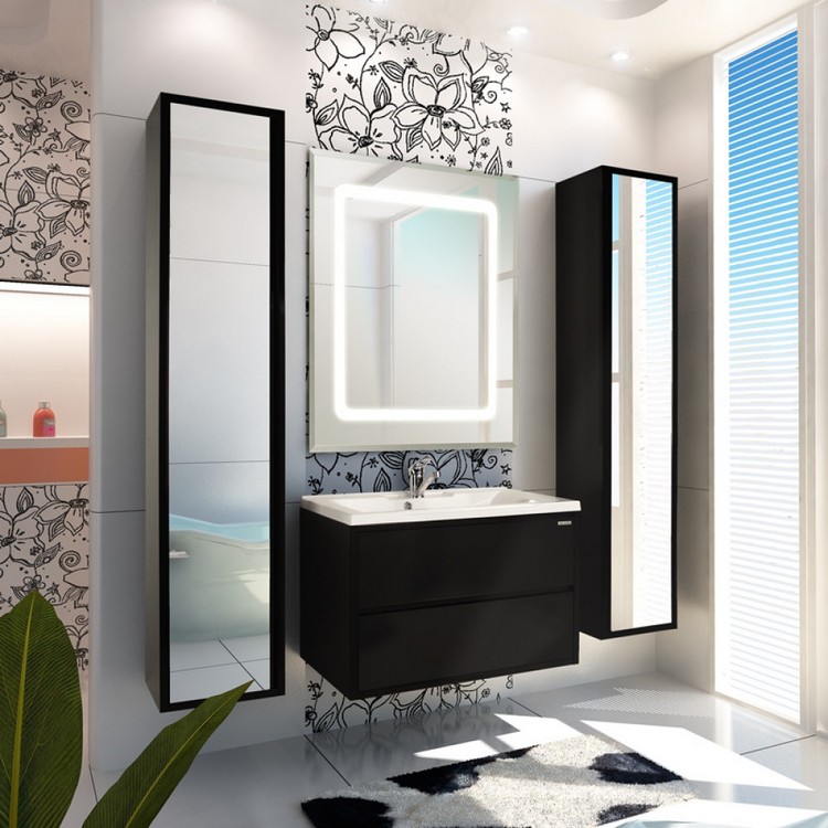 meuble salle de bain noir aquaton-rimini-tapis-bain-carrelage-blanc